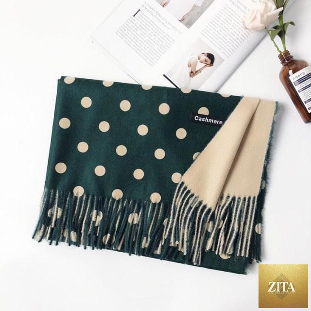Stevvex long cashmere hijab scarf with dot pattern, tassels, warm winter wool, lightweight, elegant thick wrap for women