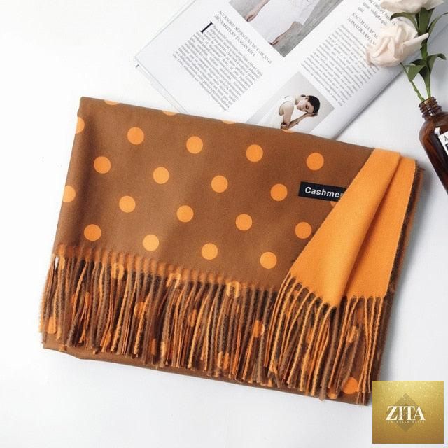 Elegant Stevvex cashmere hijab scarf with dot pattern, tassels, and soft wool texture, ideal for autumn winter warmth and style.