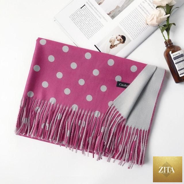 Stevvex long, soft cashmere hijab scarf with dot pattern, tassels, and lightweight wool for women’s autumn winter fashion.