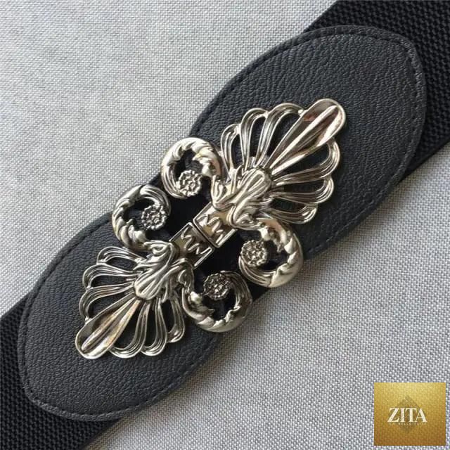Black leather belt with metal flower buckle and wide strap, vintage style decorative elastic waistband for women, plus size suitable.