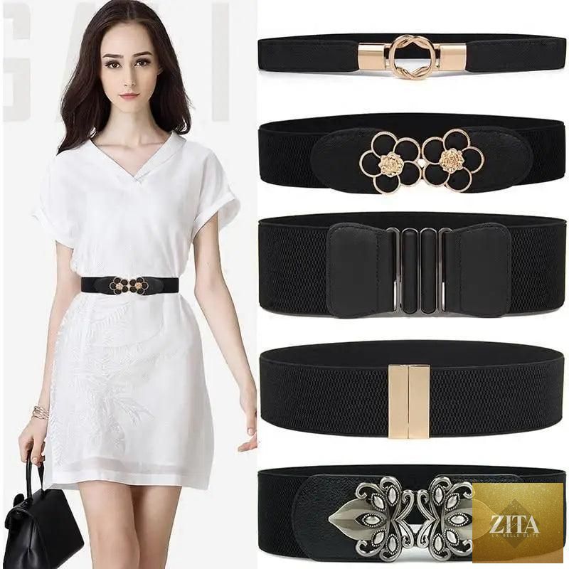 Black leather belt with metal flower buckle, wide strap, vintage style, decorative elastic waistband for women, plus size suitable.