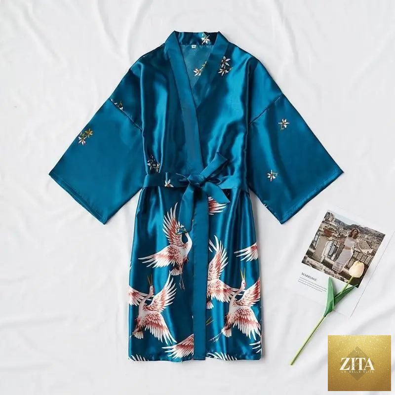 Blue floral bird print modern bathrobe for women, stylish and comfortable silk sleepwear by Stevvex, featuring soft, elegant design.