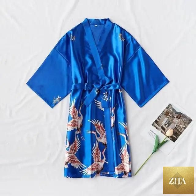 Blue floral bird print Stevvex women's modern comfortable silk bathrobe with stylish design and soft sleepwear feel.