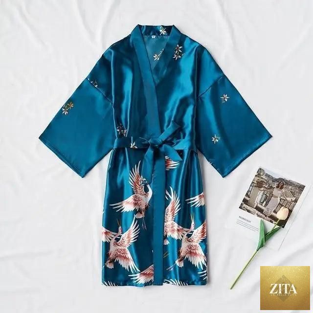 Blue floral bird print Stevvex modern women's bathrobe, stylish and comfortable silk sleepwear with a soft, modern design.