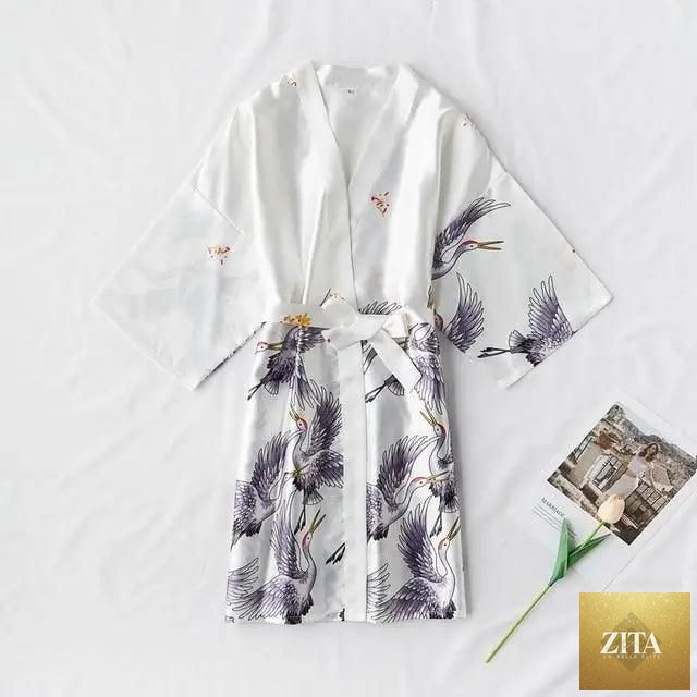 Blue floral bird print Stevvex women's modern comfortable silk bathrobe with stylish design and soft, cozy sleepwear fit.