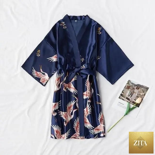 Blue floral bird print Stevvex women's modern comfortable silk bathrobe with stylish design and soft sleepwear feel.