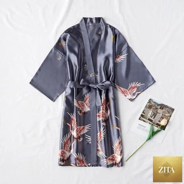 Blue floral bird print Stevvex women's modern bathrobe, stylish silk sleepwear with a comfortable design for relaxing.