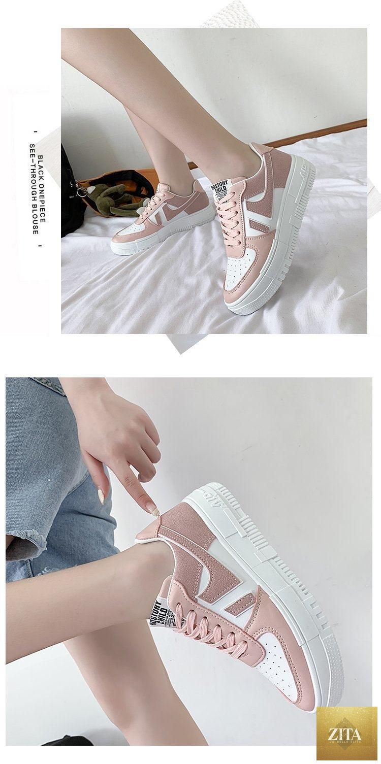 Stevvex white women's casual sneakers with round toe, lace-up design, platform sole, breathable fabric, ideal for walking and school.