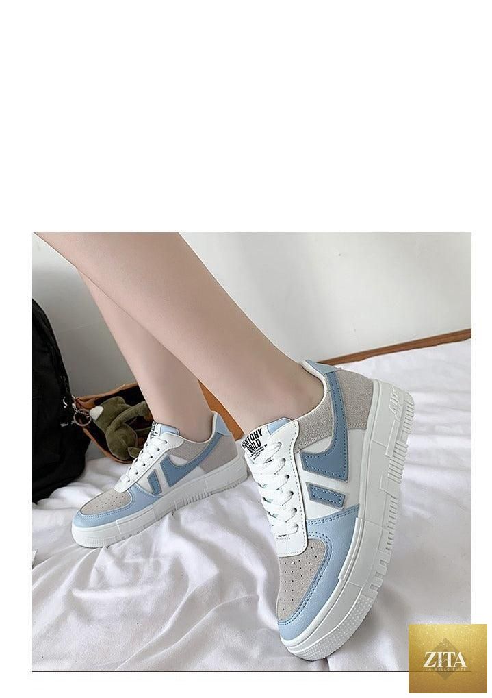 Stevvex white casual women's sneakers with lace-up design, round toe, platform sole, breathable fabric, ideal for walking and casual wear.