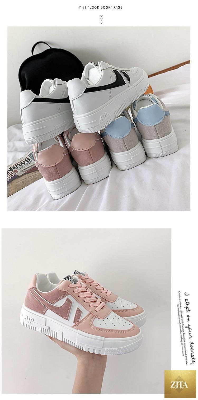White women's casual sneakers by Stevvex with breathable fabric, round toe, lace-up design, platform sole, ideal for walking and sports.