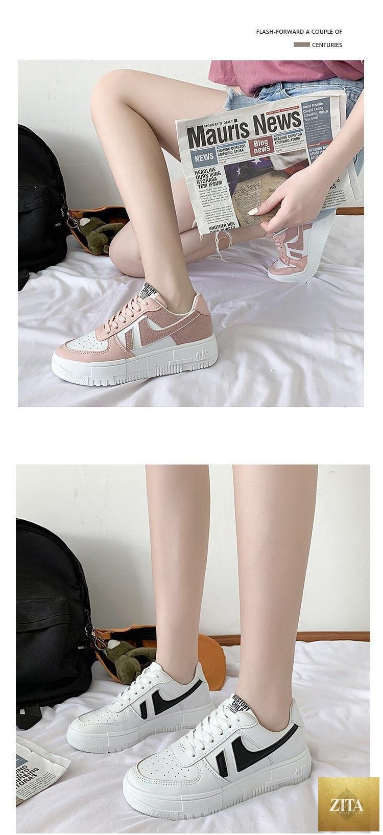 White Stevvex casual women's sneakers with round toe, lace-up design, breathable material, and platform sole for comfortable walking.