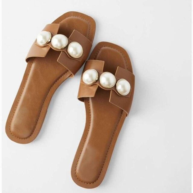 Stevvex women's pearl flat sandals, slip-on beach slippers with decorative pearls, casual and dressy summer bridal shoes.