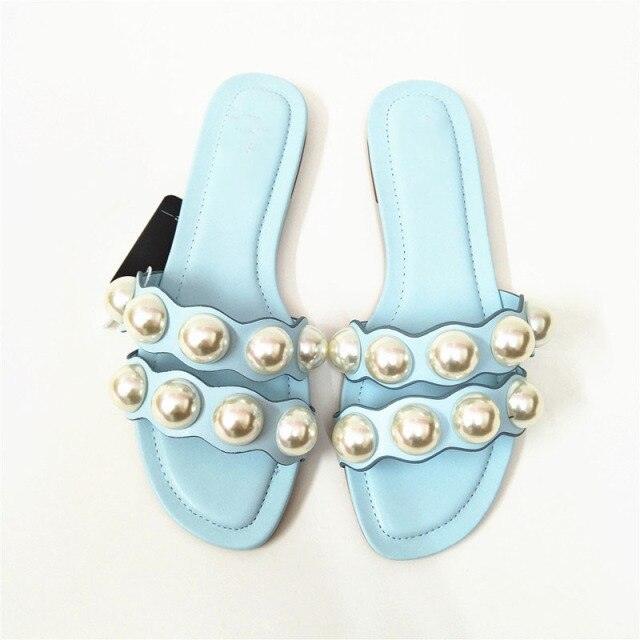 Stevvex pearl flat sandals for women, slip-on beach slippers with decorative pearls, perfect for casual, dressy, or bridal summer wear.