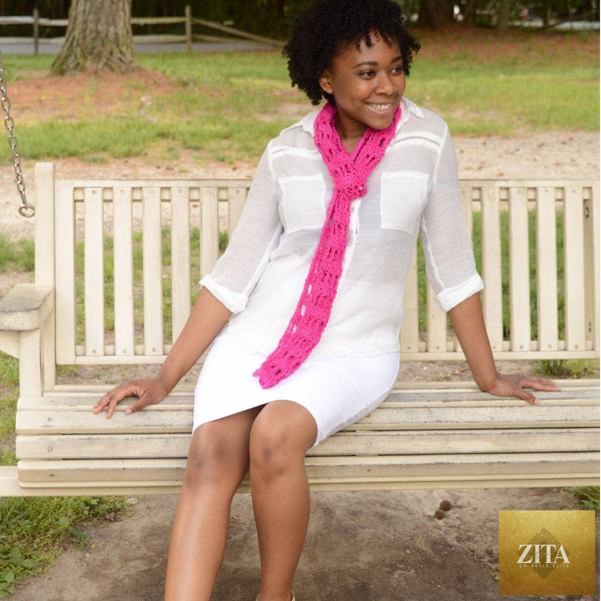 Zita La Belle Elite fashion skinny scarf crochet kit with orchid blossom eco-friendly yarn, perfect for boho-style women’s accessories.
