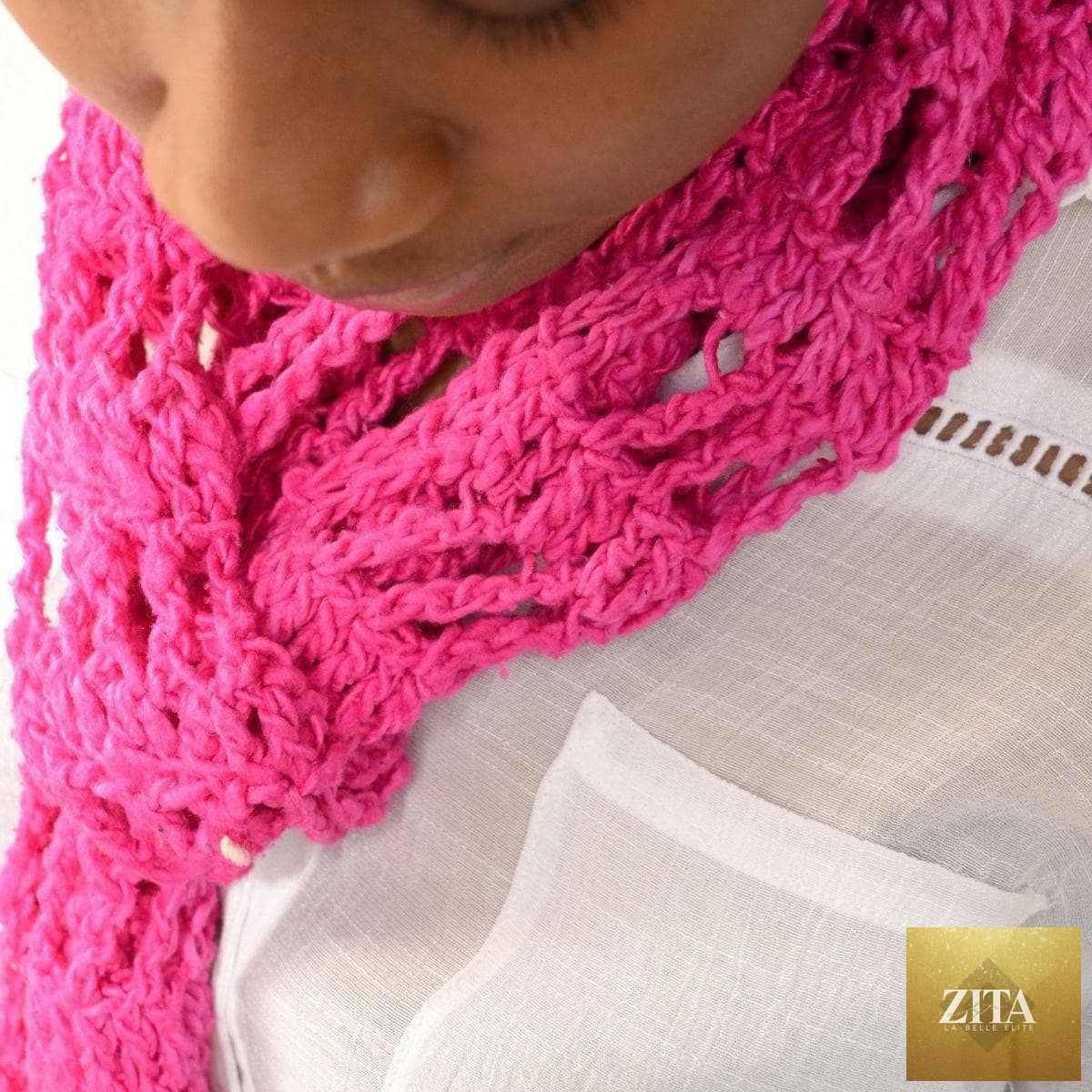 Zita La Belle Elite fashion skinny scarf crochet kit with orchid blossom eco-friendly yarn, perfect for boho-style knitting projects.