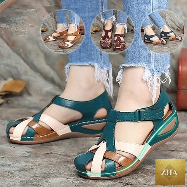 Stevvex women’s waterproof slip-on summer sandals with round toes, leather design, arch support, and casual outdoor style.
