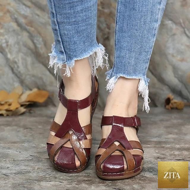 Stevvex women’s waterproof slip-on summer sandals with round toes, leather design, arch support, and casual outdoor comfort.