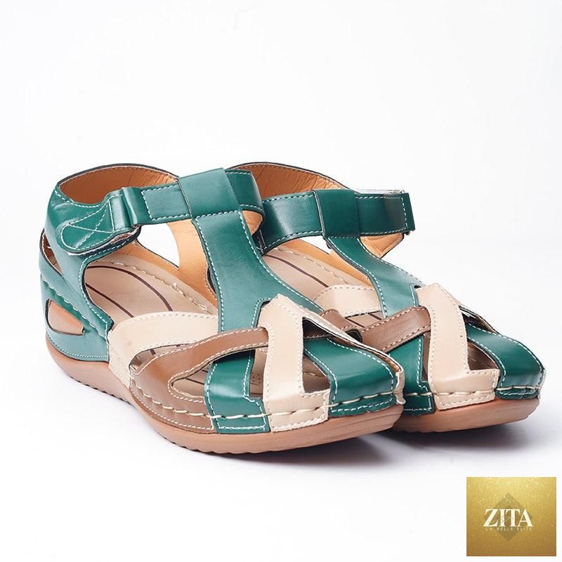 Stevvex waterproof women's slip-on summer flat sandals with round toes, leather design, arch support, and casual outdoor style.