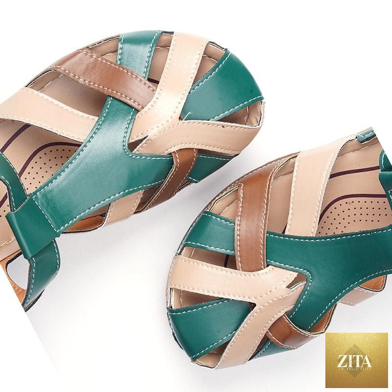 Women’s waterproof slip-on summer flat sandals by Stevvex with round toe, leather design, arch support, and casual outdoor style.