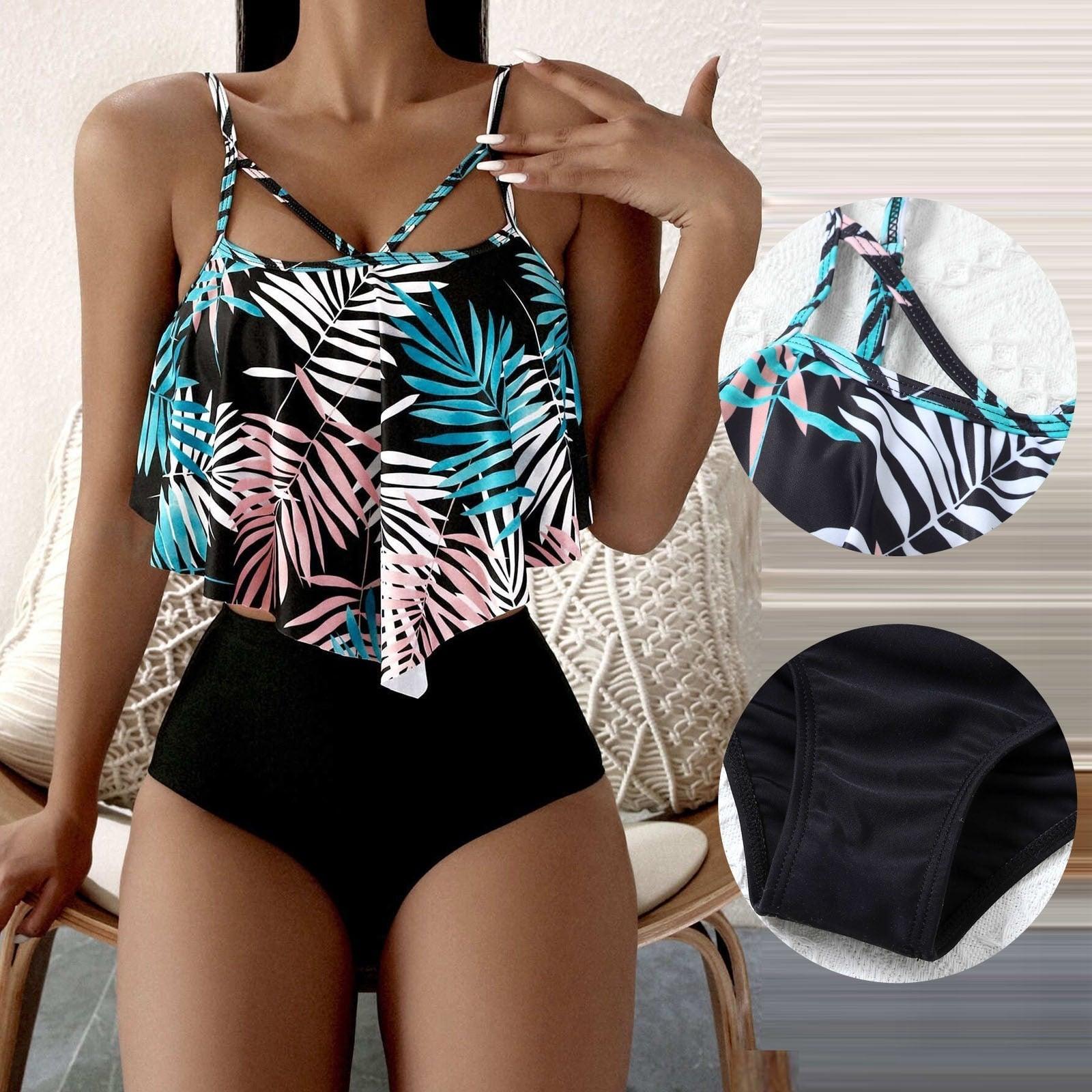 Women’s leaf print high waist bikini set with soft, comfortable fabric, featuring a two-piece design for beach swimwear by Stevvex.