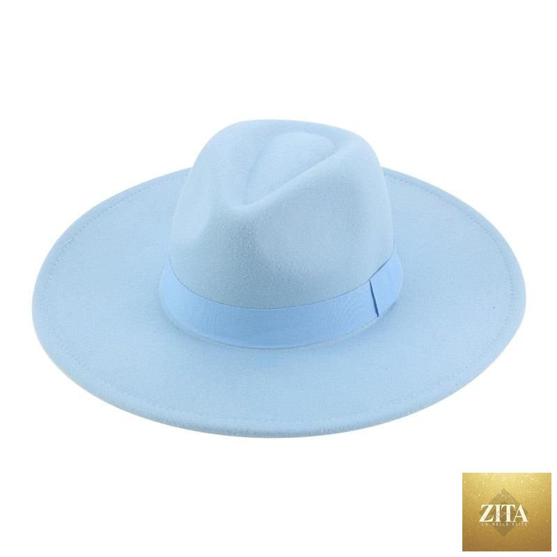 Elegant women's Fedora hat with wide brim, retro style, warm fabric, and decorative belt, suitable for weddings and fashion.