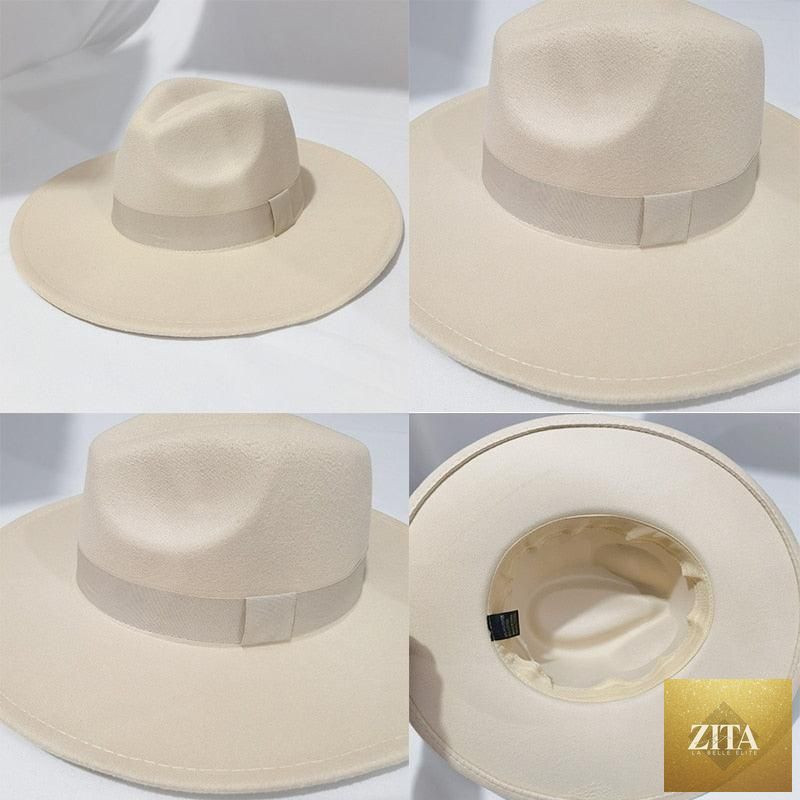 Elegant women's fedora hat with wide brim, retro style, featuring a belt, suitable for weddings and casual wear, size 56-58cm.