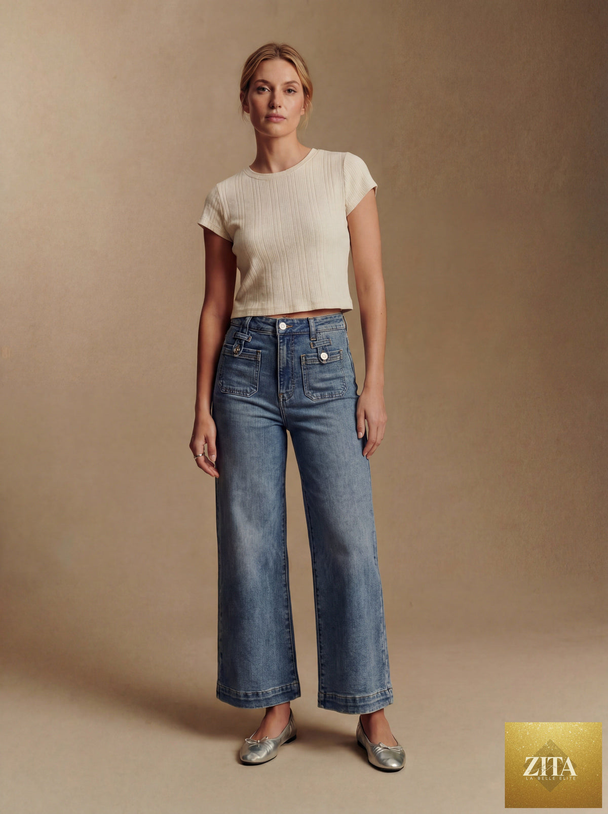 Aurelia high rise crop palazzo jeans by Artemis Vintage, featuring tummy control and a stylish, wide-leg design.