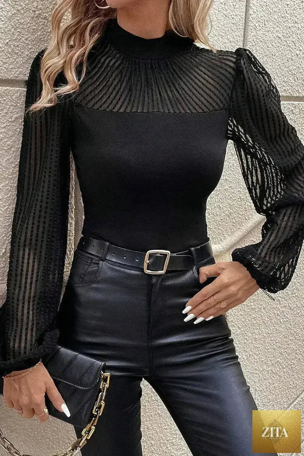 Femstylo mock neck long sleeve blouse, stylish and trendy top, shown in a close-up image highlighting the fabric and fit.