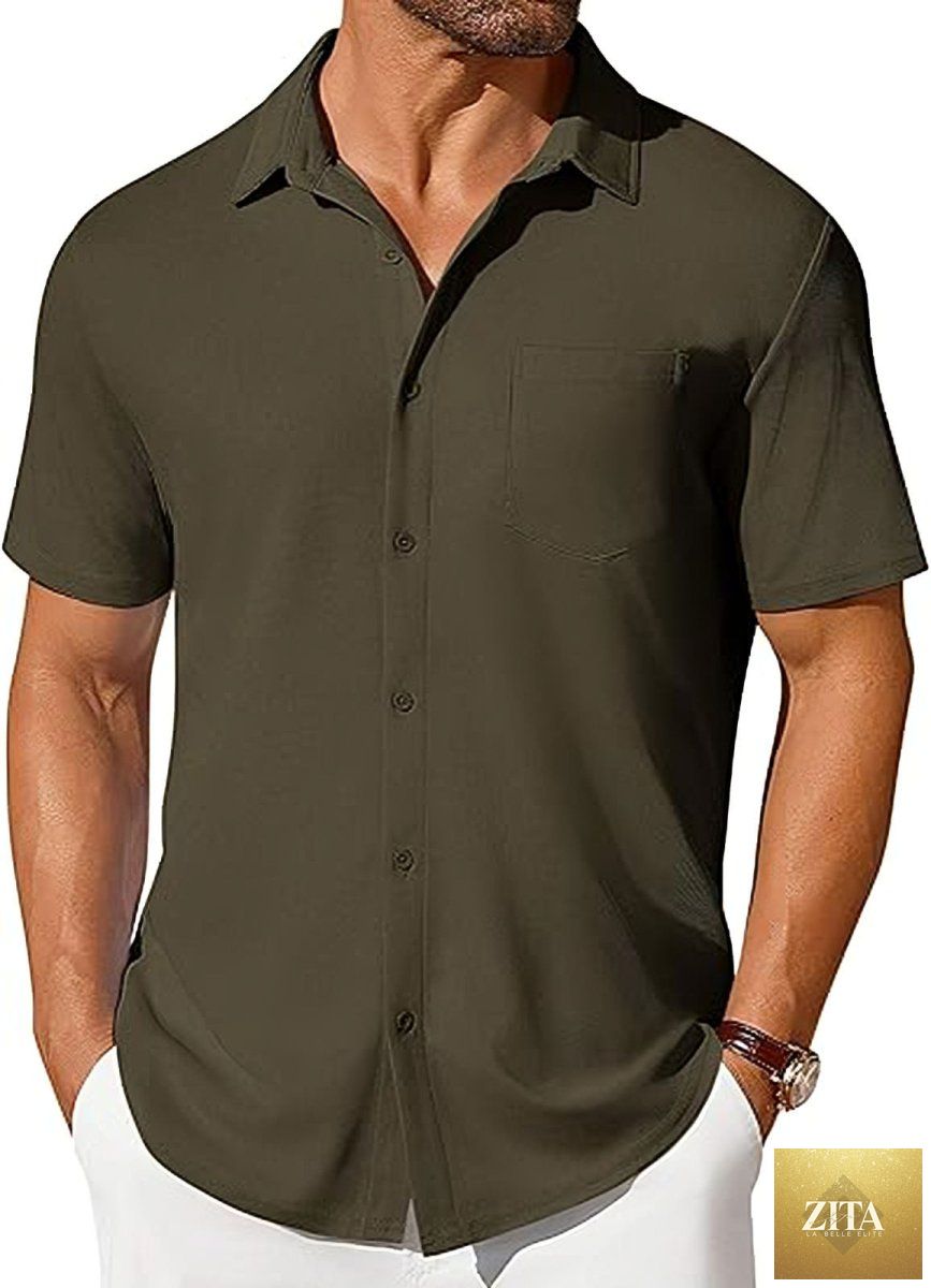 Mandotos men's short-sleeve button-up shirt with wrinkle- and crease-resistant fabric, shown in a casual style.