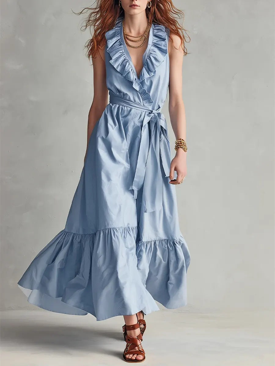 Women's V-neck sleeveless lace-up panelled maxi dress with wide flare from FitiqueFit, featuring a casual, flowing design.