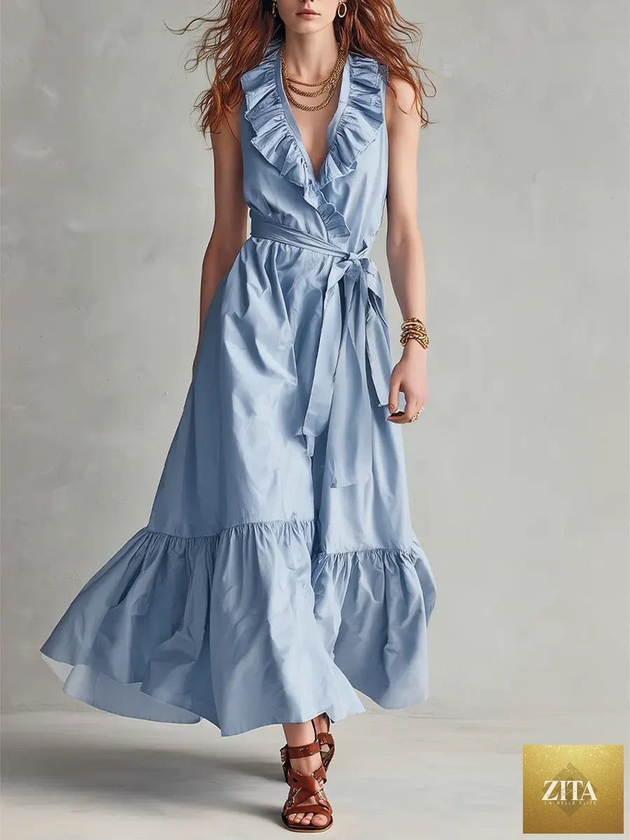 Women's V-neck sleeveless lace-up panelled maxi dress with wide flare from FitiqueFit, featuring a casual, flowing design.