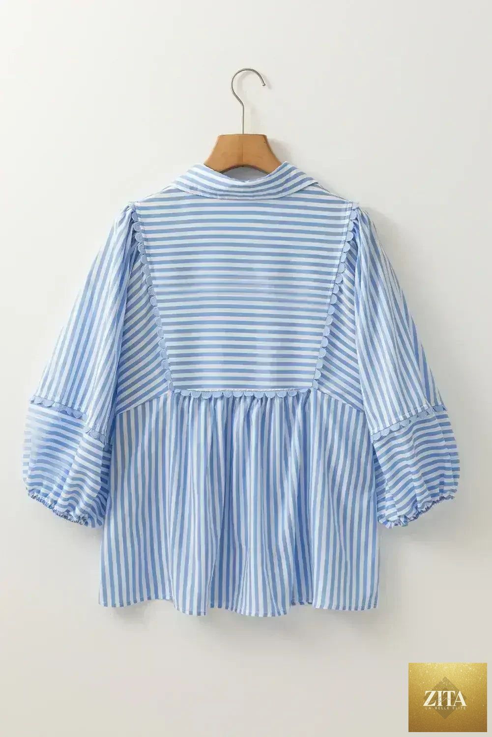 Sky blue blouse with striped ric rac trim, collared V-neck design by Femstylo, stylish and lightweight for casual wear