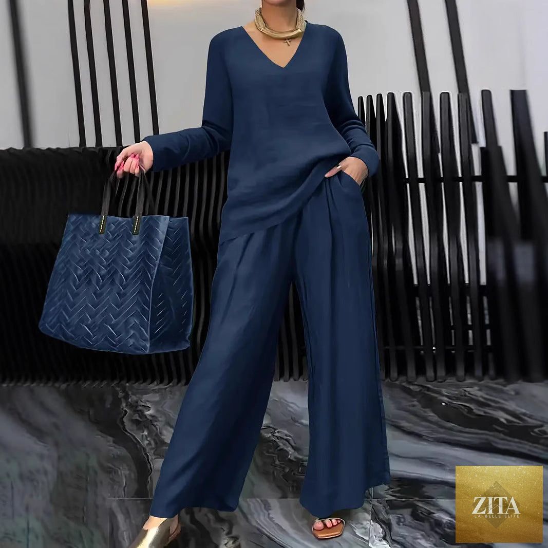 FitiqueFit solid color long sleeve top and pants two-piece travel set, casual comfortable loungewear outfit for women.