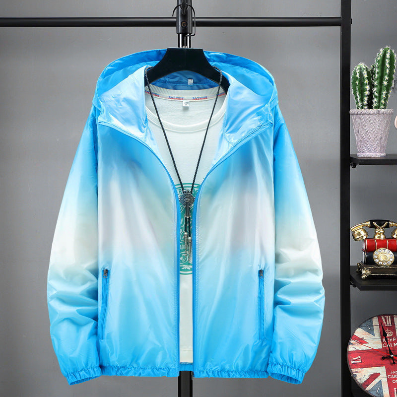 Lightweight FitiqueFit hooded sun-protective jacket shown on model, with breathable fabric and adjustable hood for outdoor wear.