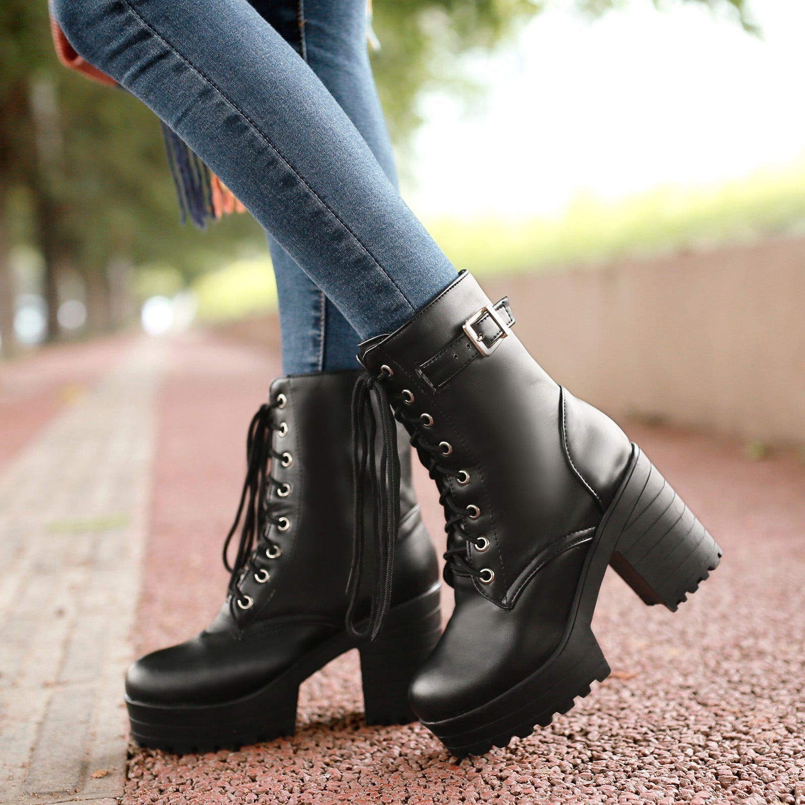 Women’s chunky heel PU Martin boots by FitiqueFit, featuring large size high heels and stylish ankle-length design.
