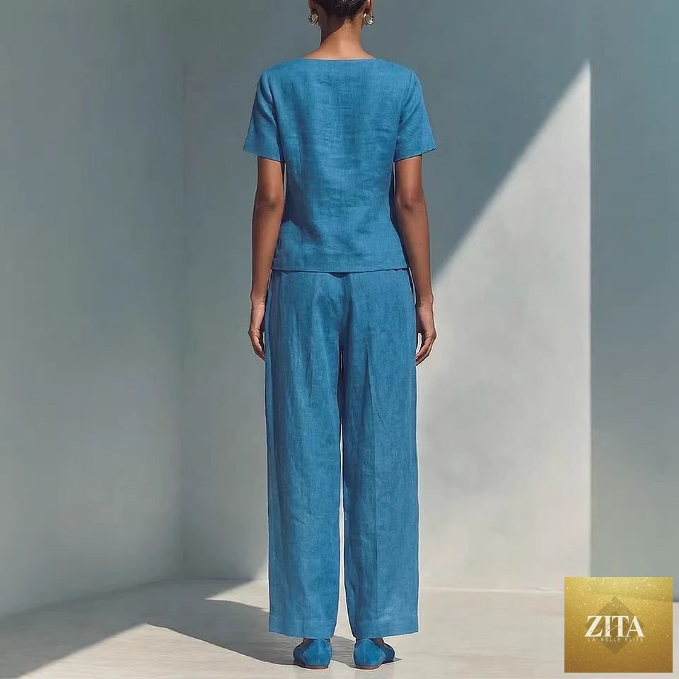 Plus size women's casual Zita La Belle Elite short-sleeve top and high-waist pants set, relaxed fit and comfortable style.