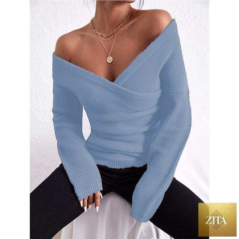Zita La Belle Elite women's off-shoulder crossover knit sweater with slim fit long sleeves, casualwear in soft knit fabric.