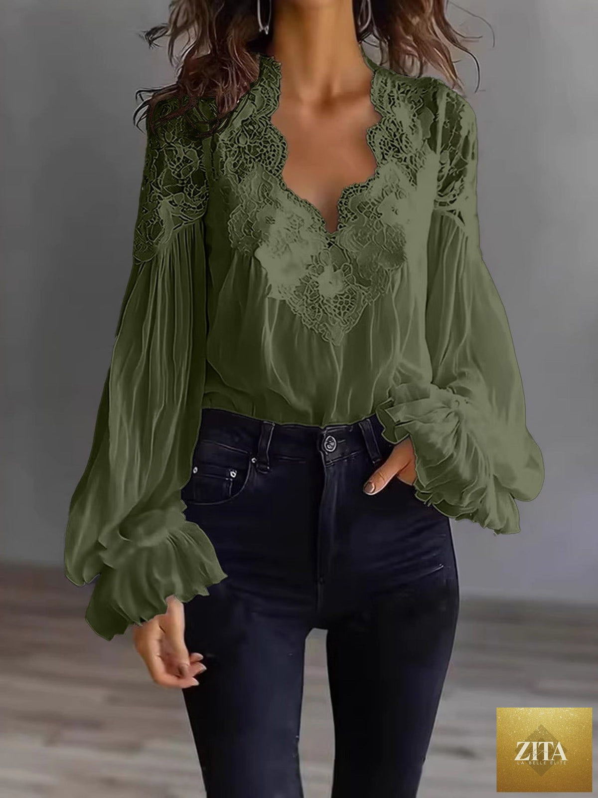 FitiqueFit lace-panel puff sleeve pleated ruffle ballet style shirt, featuring delicate lace details and elegant pleats in a stylish top.