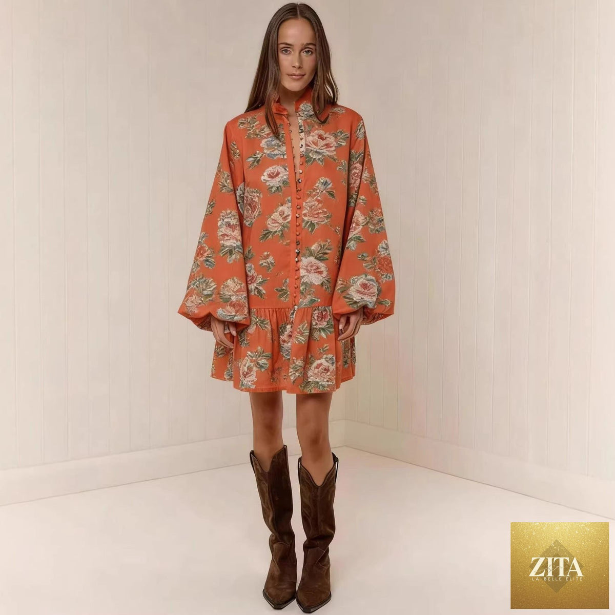 Zita La Belle Elite digital print lantern sleeve linen midi dress with a loose fit, casualwear pullover style, in light fabric.
