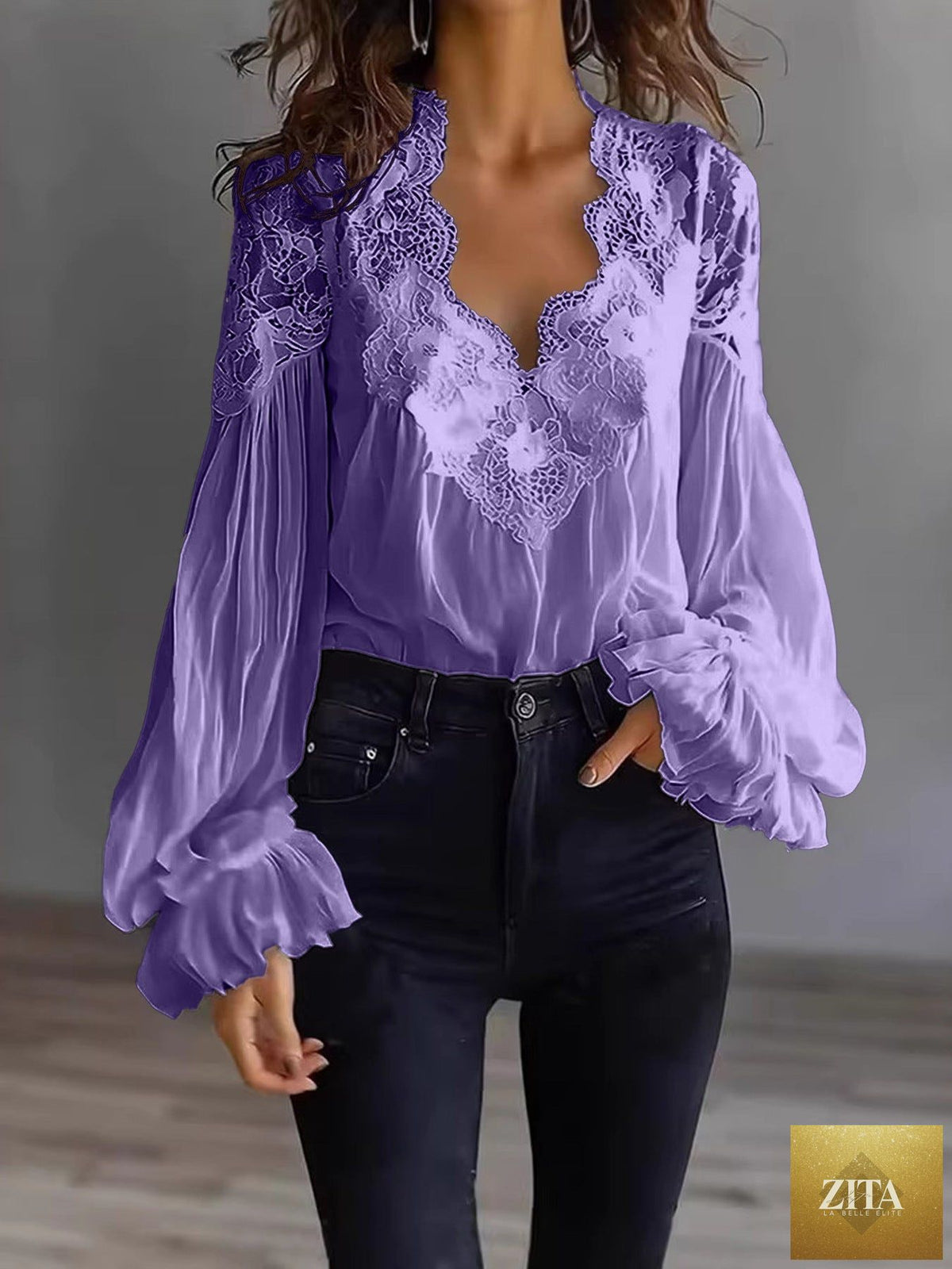 Lace-panel puff sleeve pleated ruffle ballet-style shirt by FitiqueFit, featuring delicate lace details and a flowy, elegant design.