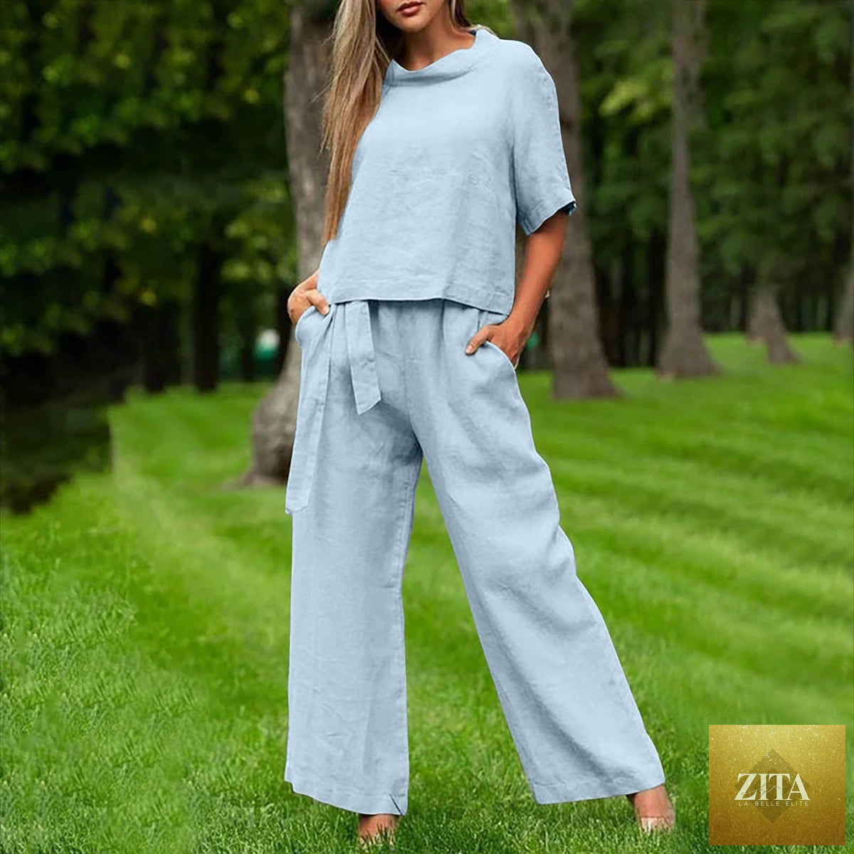 Zita La Belle Elite activewear set with round-neck 3/4 sleeve top and matching pants, available in six colors, sizes S to XXL.