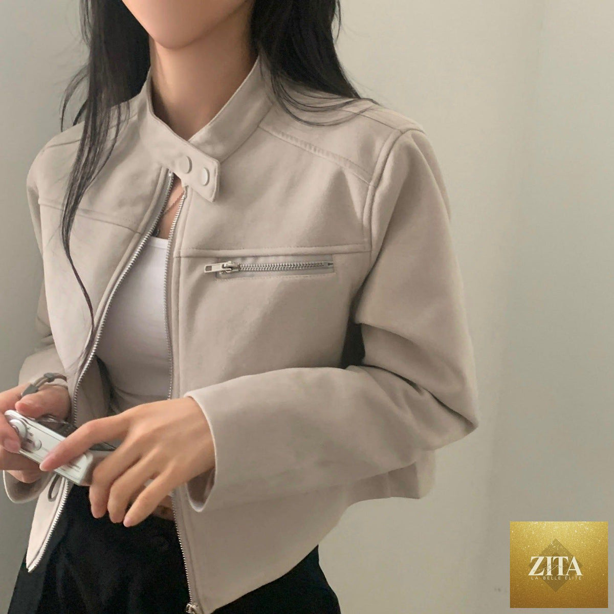 High waist suede motorcycle jacket with short length and fitted style, featuring lapel collar and zip closure, by LadyShow.Store.