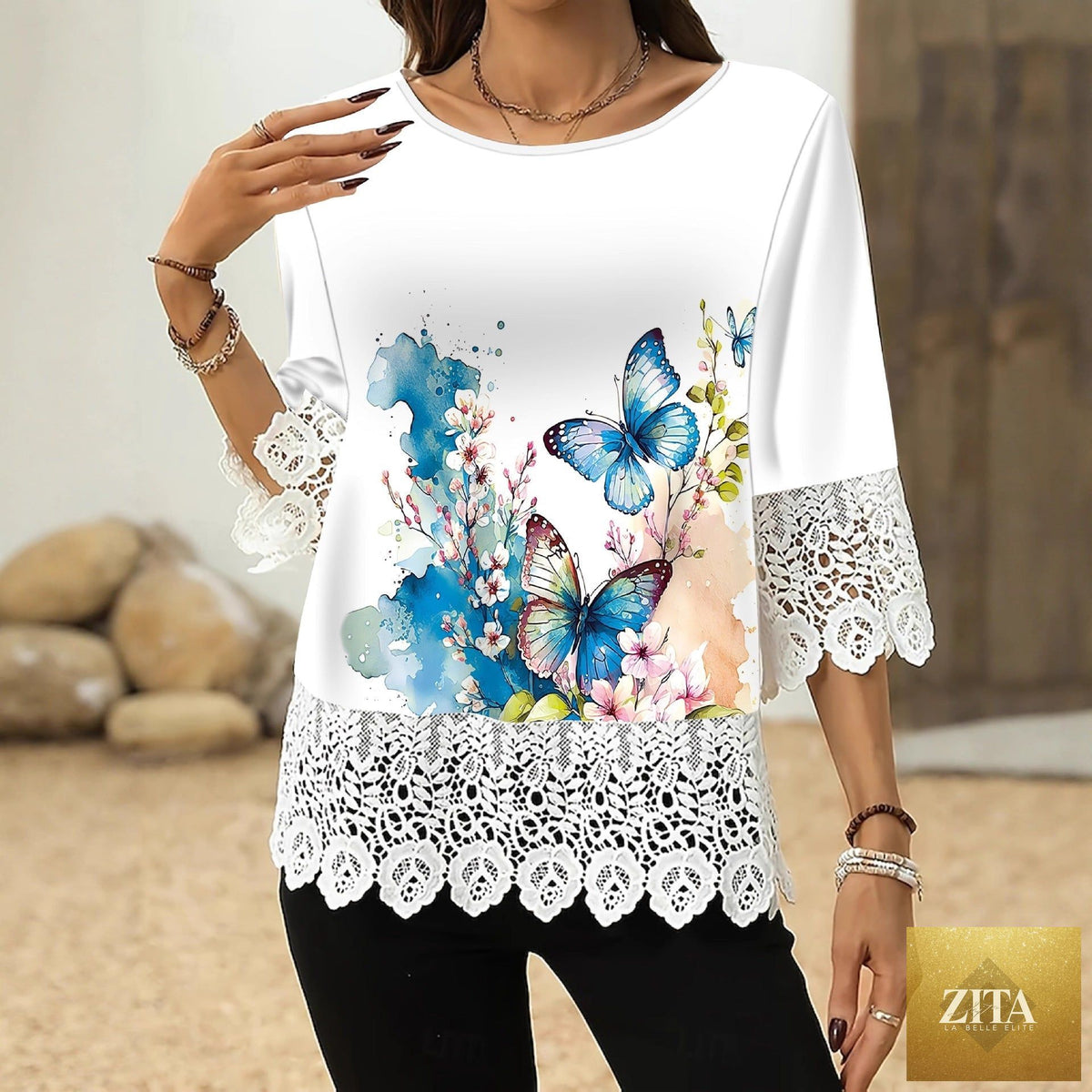 Printed patchwork women's casual top by Zita La Belle Elite, loose fit three-quarter sleeve pullover in vibrant fabric patterns.