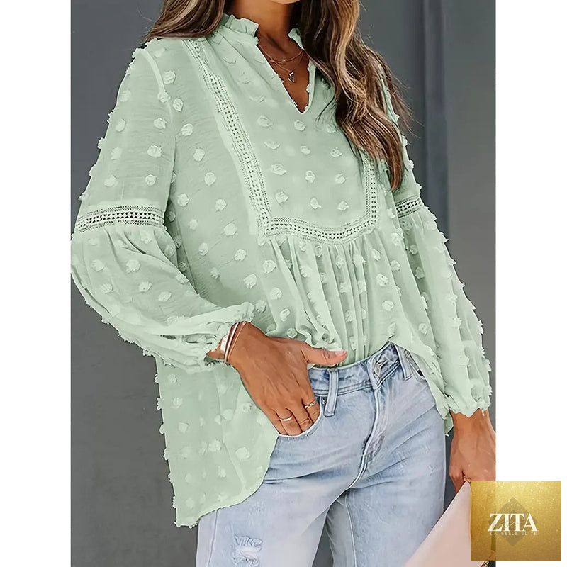 Women's long-sleeve V-neck casual blouse by FitiqueFit, featuring a stylish and comfortable business casual design.