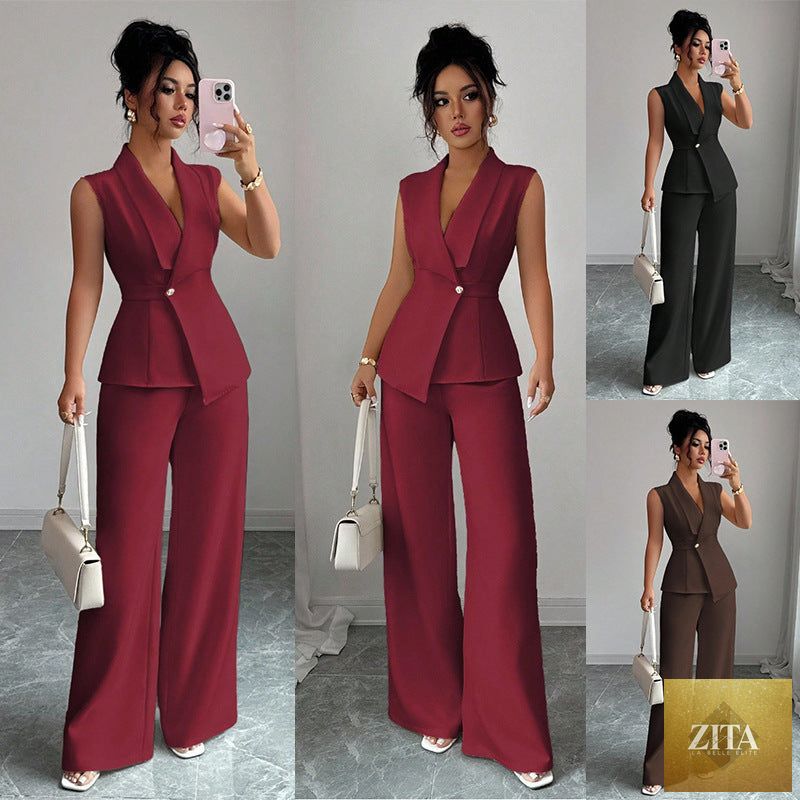 Women's sleeveless blazer and straight-leg pants two-piece set by Zita La Belle Elite, casualwear outfit, stylish and comfortable.