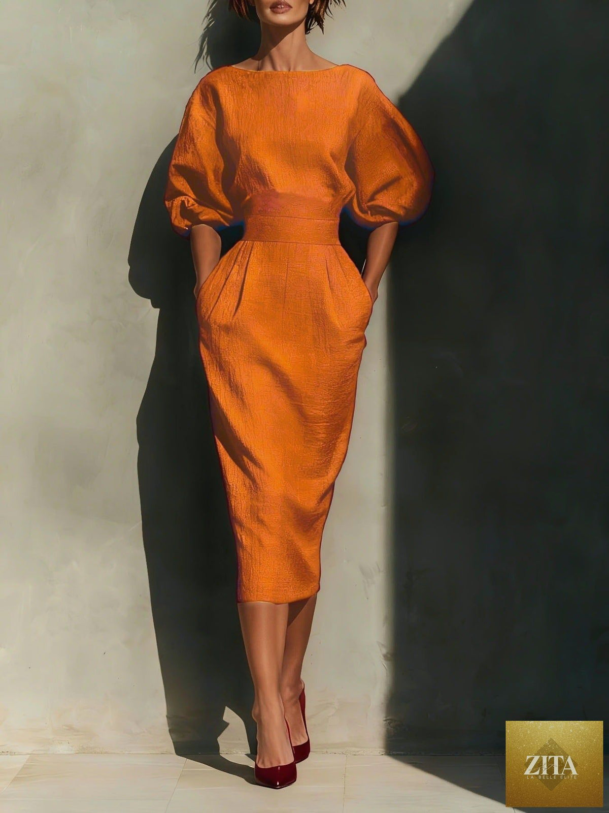 Round neck puff sleeves midi dress by Shopiebay featuring a fitted bodice and flowing skirt in a stylish design.