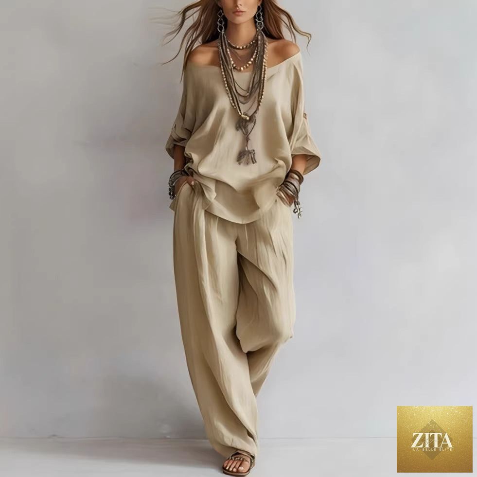 Women's off-shoulder casual top and wide-leg pants set by Zita La Belle Elite, featuring a stylish, relaxed fit and modern design.