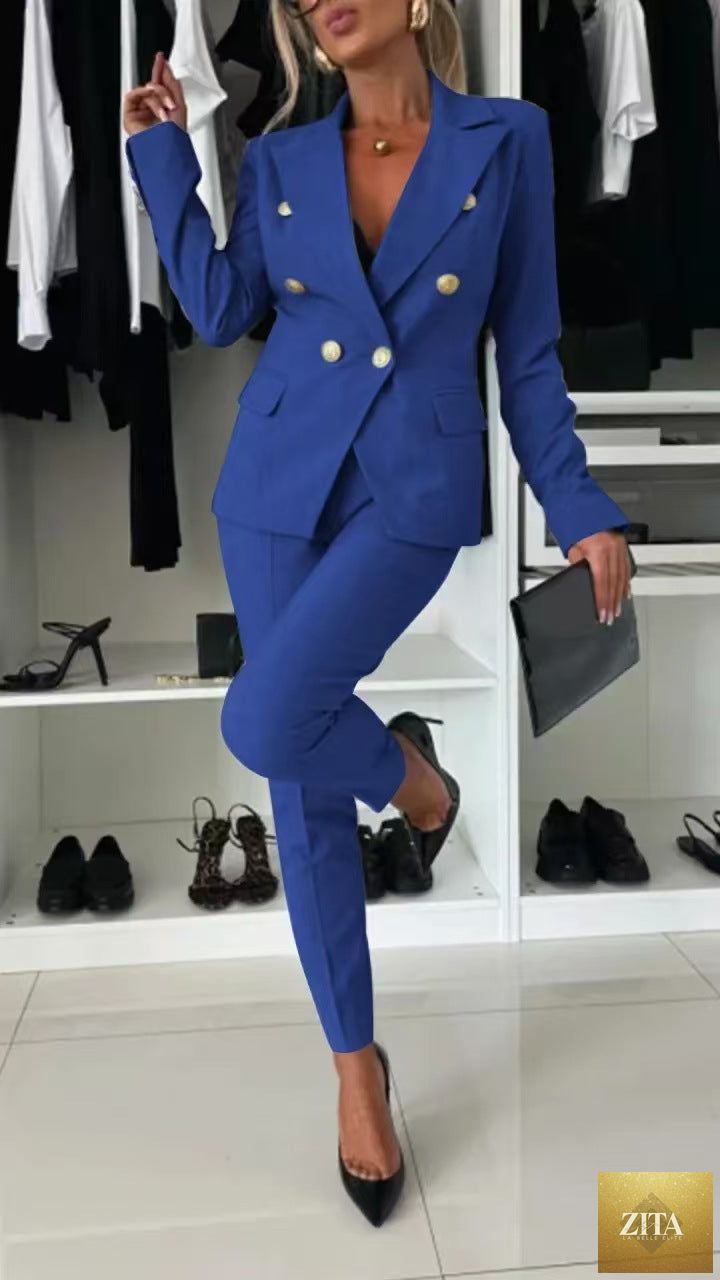 FitiqueFit double-breasted lapel blazer and zip-up trousers two-piece suit, stylish formal clothing for women.