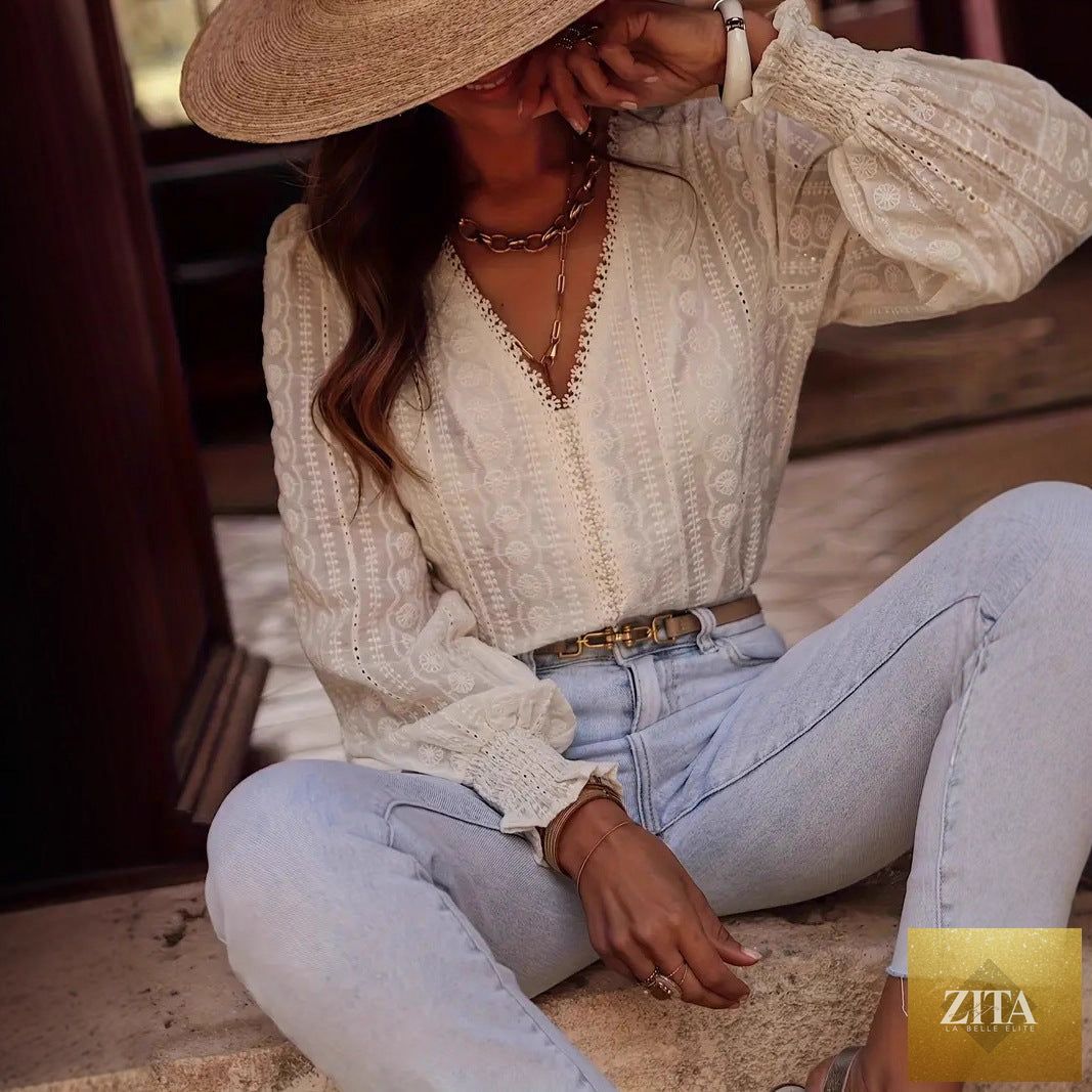 Elegant commuter-style long-sleeve V-neck shirt with lace patchwork, featuring stylish details and a fitted silhouette.