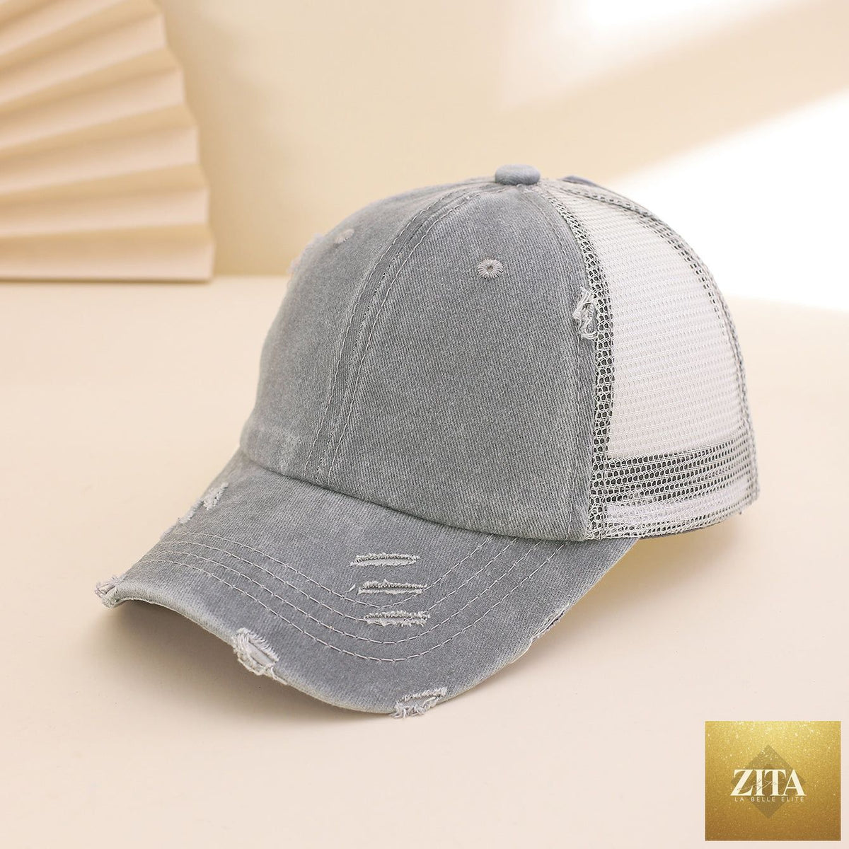 Distressed washed mesh baseball cap by Zita La Belle Elite, unisex frayed hat for outdoor and daily wear.